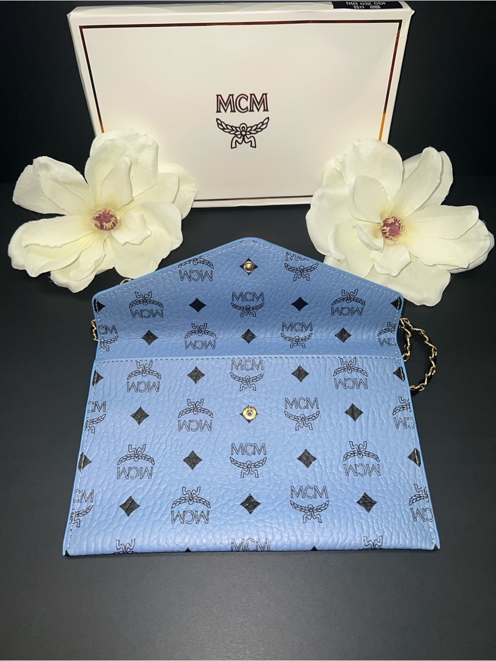 MCM Blue Envelope Clutch with Black and Gold Shoulder Strap - Picture 3 of 6